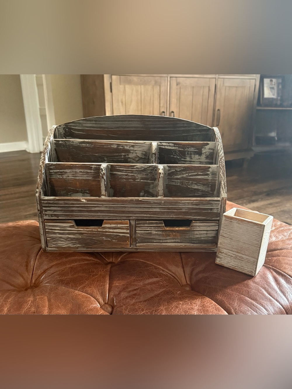 Torched Wood Desk Organizer with Pencil Holder.